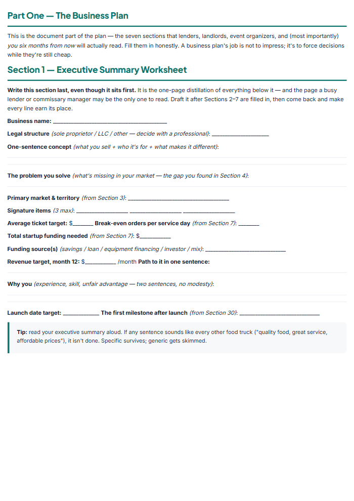 Food Truck Business Plan Template & Startup Workbook — sample page 2