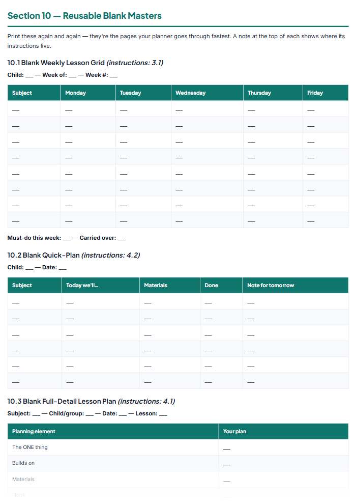 Homeschool Planner Printable: Curriculum, Lessons & Records — sample page 1