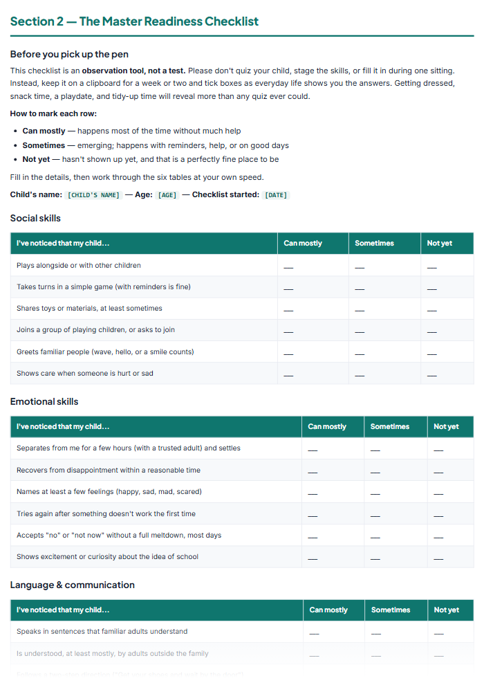 Kindergarten Readiness Checklist & Prep Workbook (Printable) — sample page 1