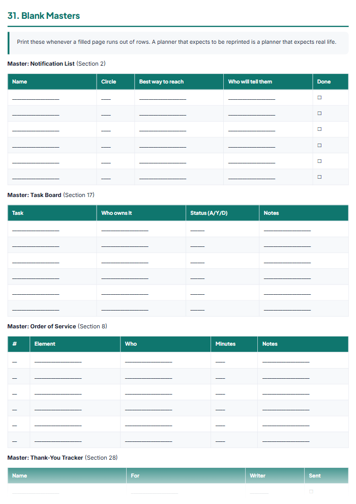 Memorial Service Planner & Funeral Planning Checklist (PDF) — sample page 1