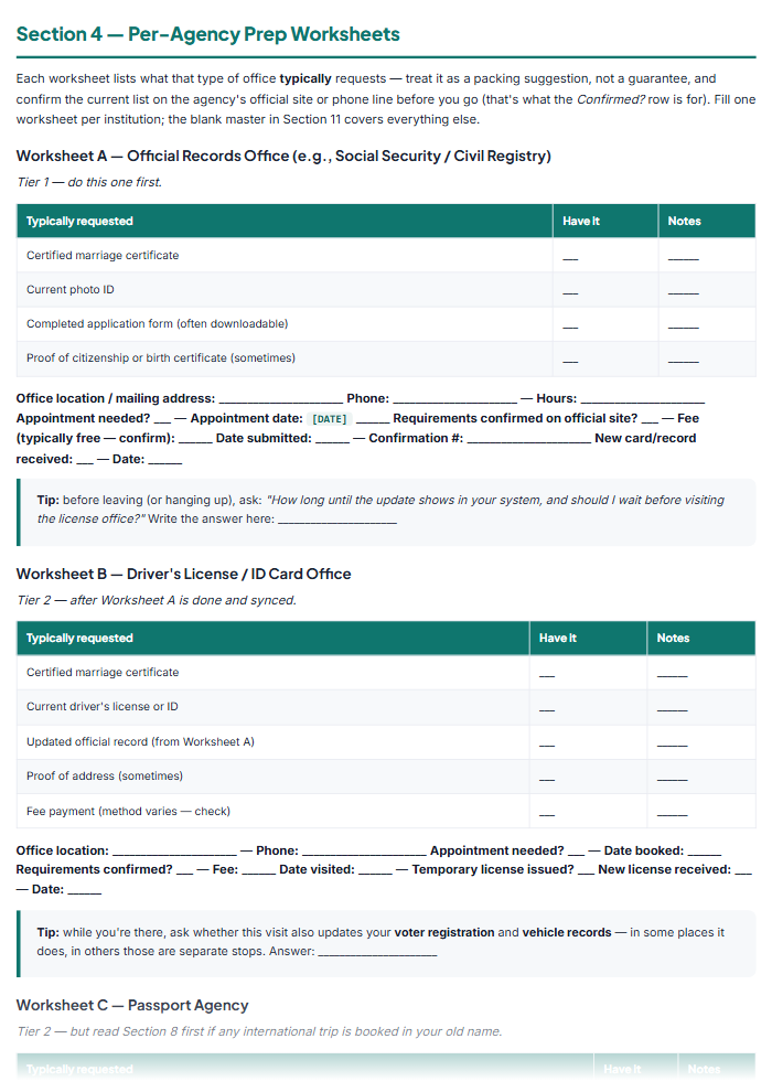 Name Change After Marriage Checklist & Tracker (PDF) — sample page 1