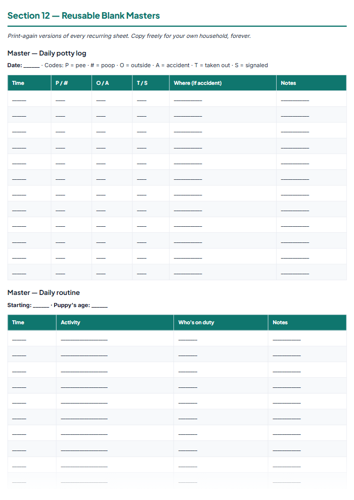 New Puppy Checklist & Dog Training Log Kit (Printable PDF) — sample page 1