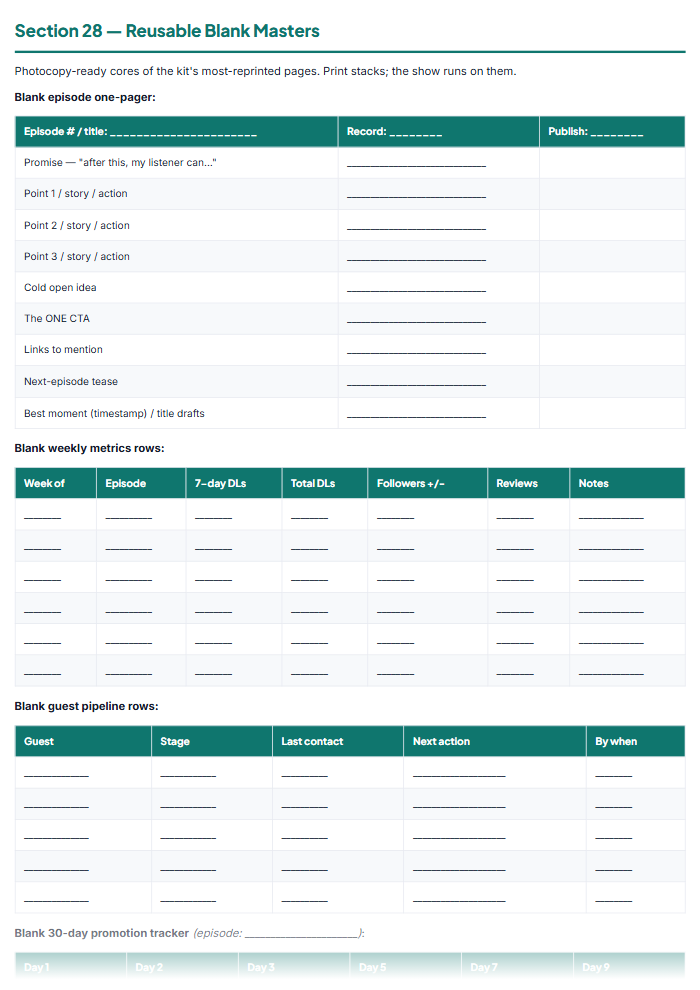 Podcast Planner & Script Templates: Launch to Episode 100 — sample page 1