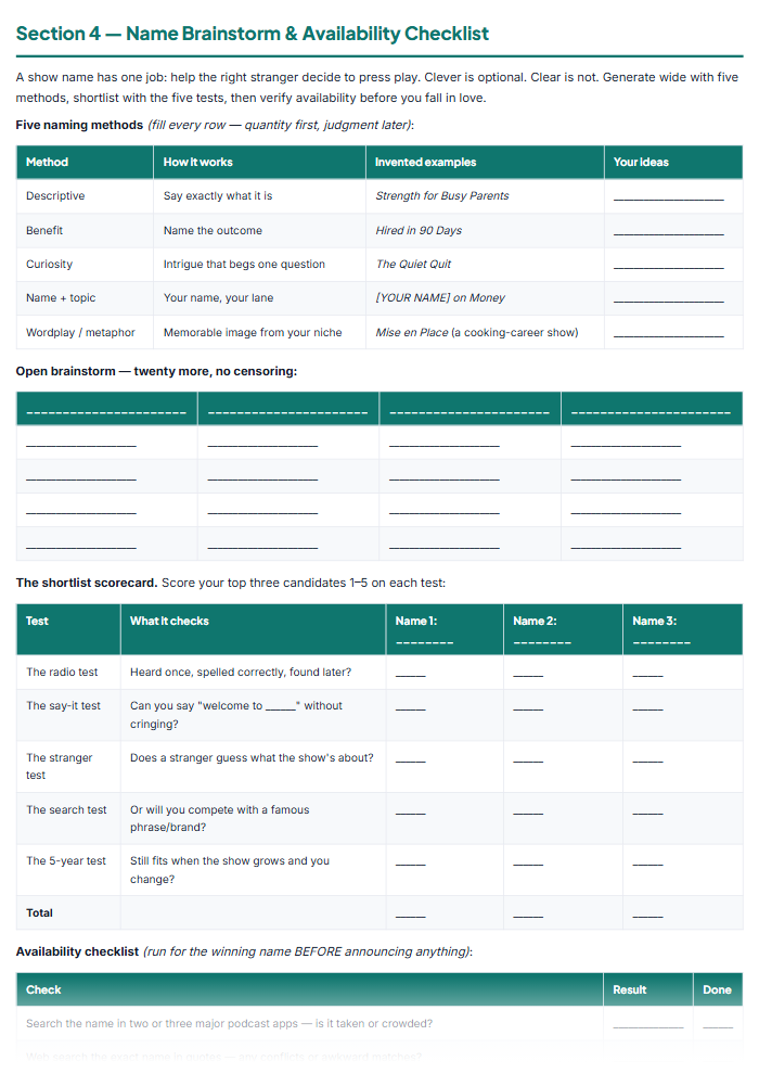 Podcast Planner & Script Templates: Launch to Episode 100 — sample page 3