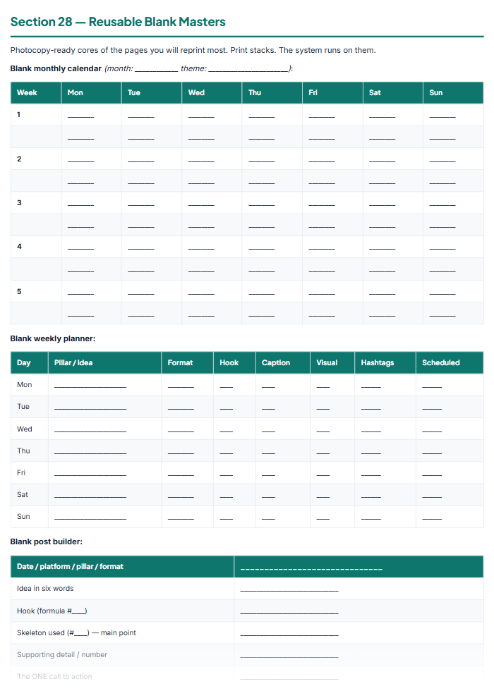 Social Media Content Calendar & Post Planner (Printable PDF) — sample page 1
