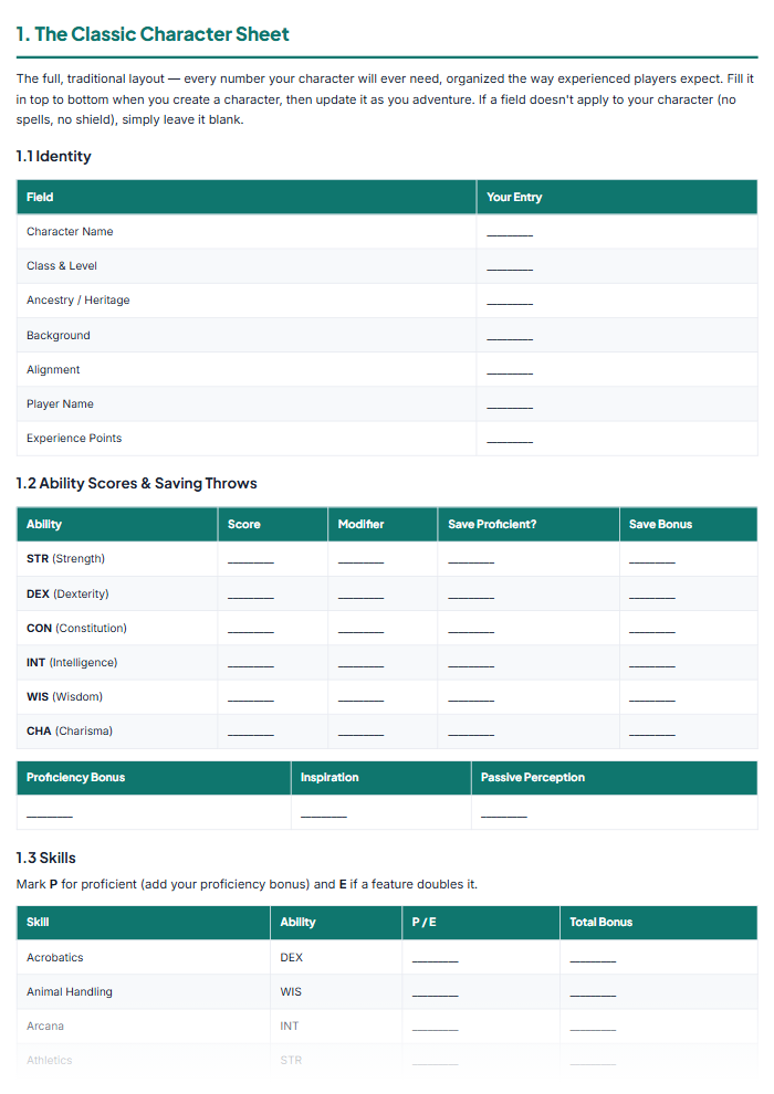 TTRPG Character Sheets & Campaign Planner (5E-Compatible) — sample page 1
