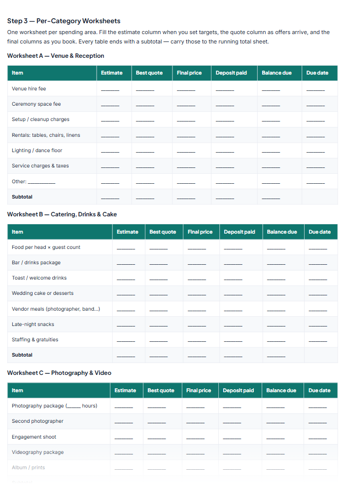 Wedding Planning Checklist & Budget Workbook (Printable PDF) — sample page 1