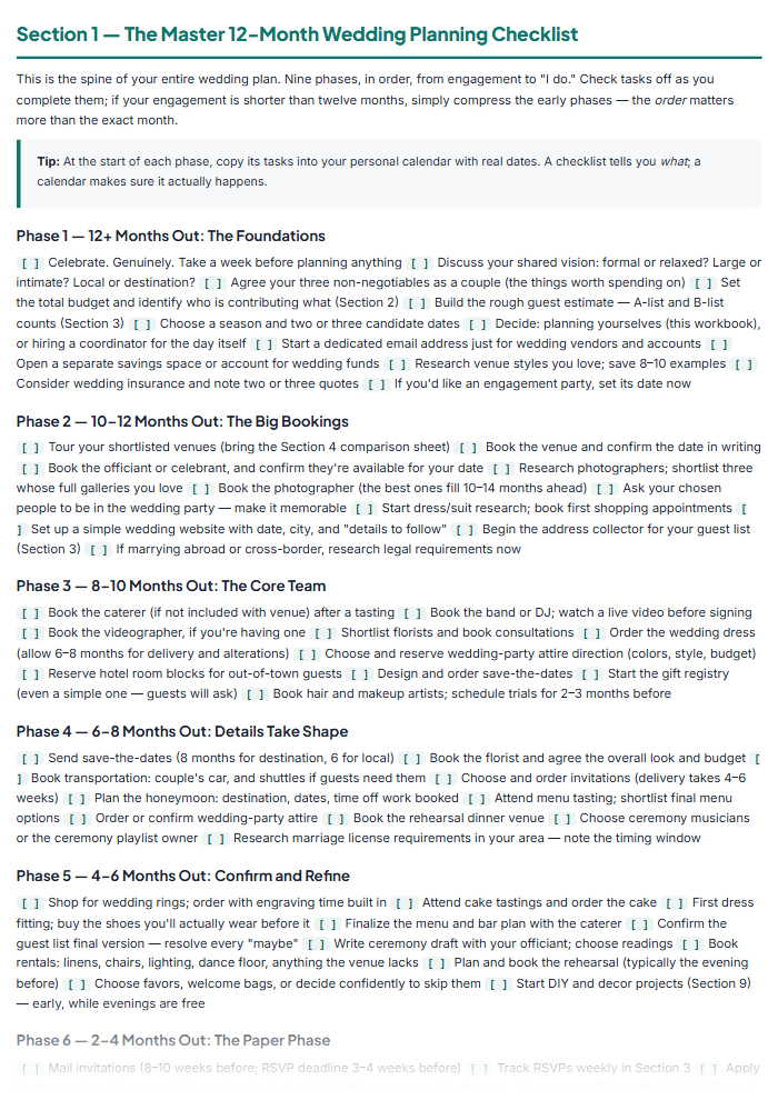 Wedding Planning Checklist & Budget Workbook (Printable PDF) — sample page 2